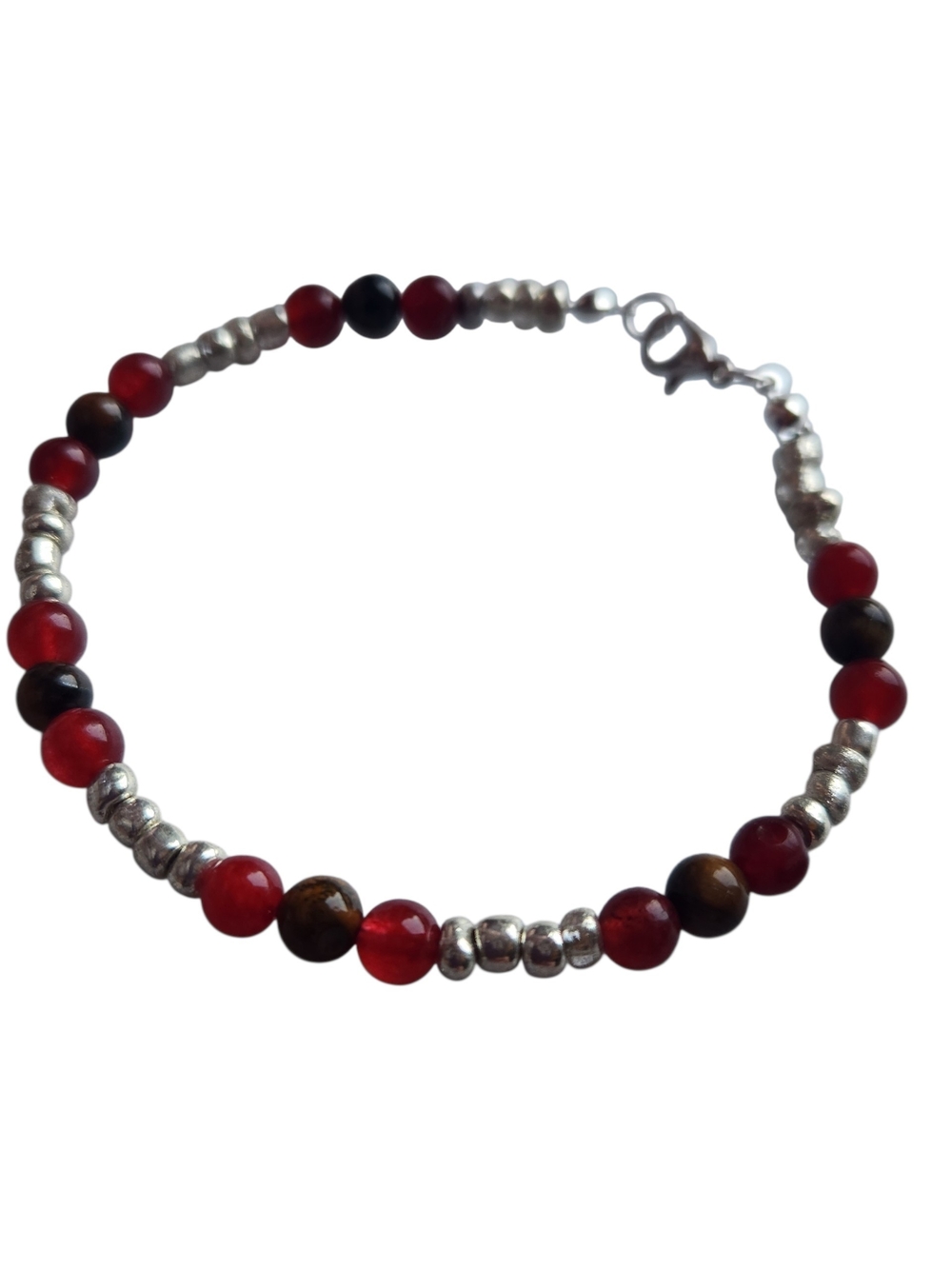 Red Dyed Jade & Tigers Eye Beaded Bracelet With Silver Accents